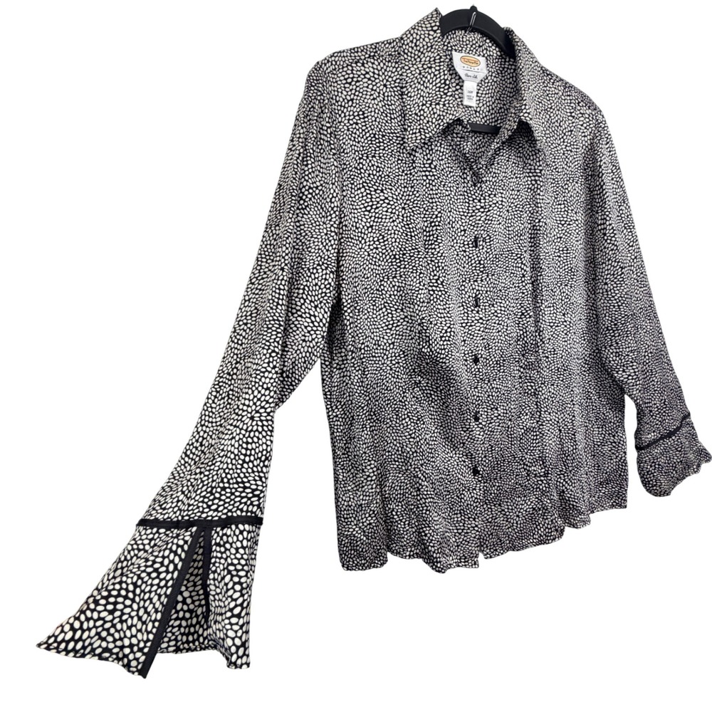 Talbots Pure Silk Sz 14 Black White Dotted Button Up Shirt Blouse Top Office